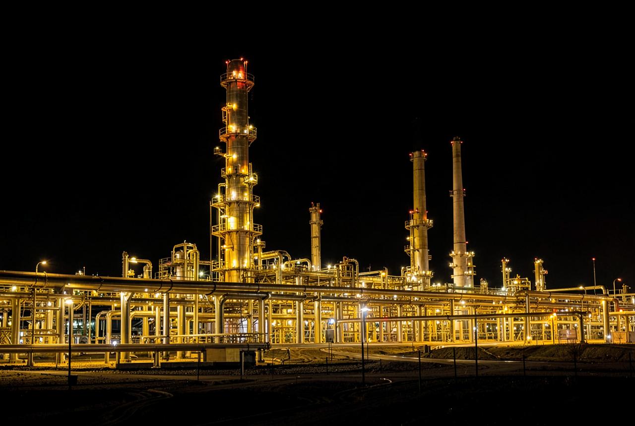 Refinery and pipeline infrastructure illuminated at night